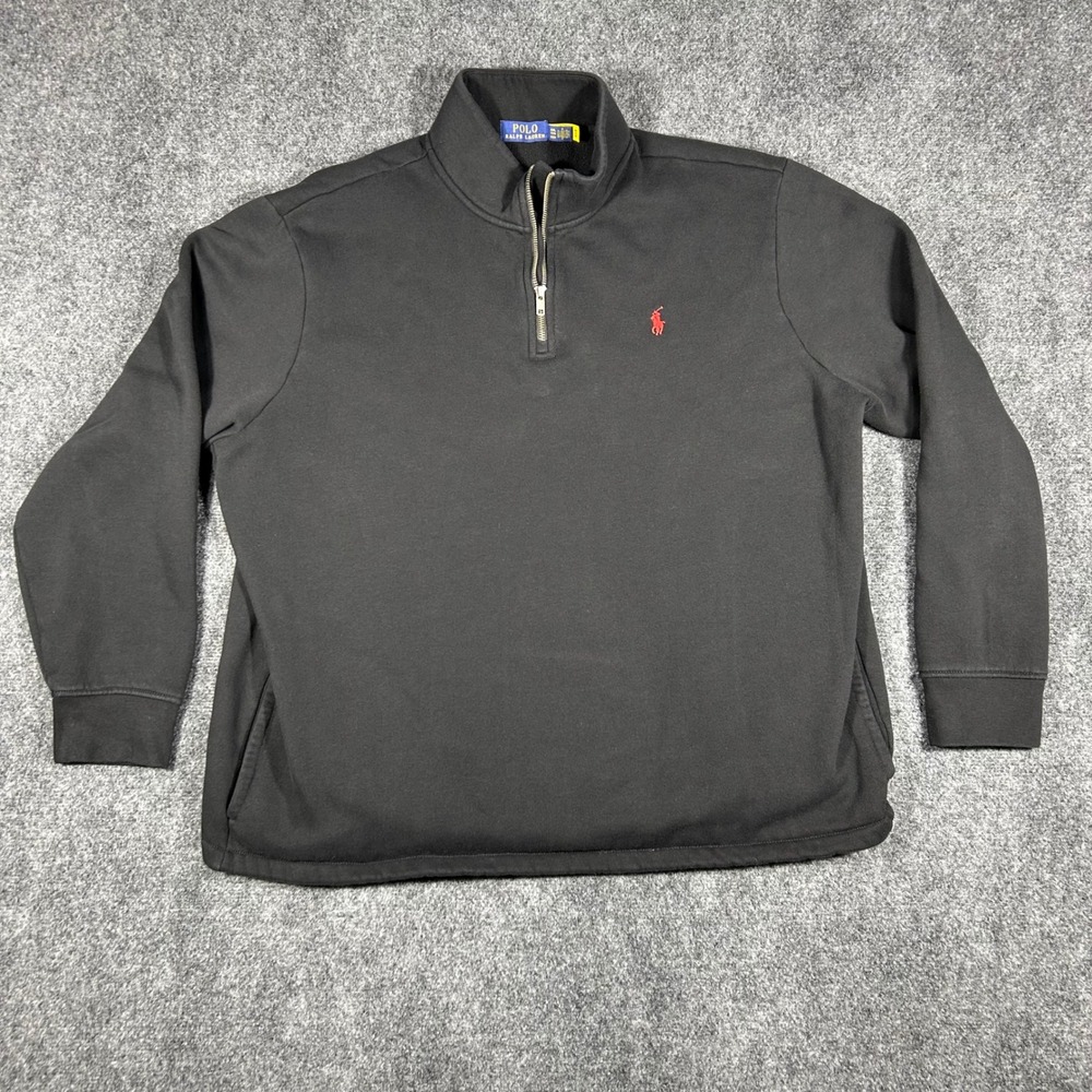 Polo Ralph Lauren Mens XXL Black Quarter Zip Fleece Pullover Sweatshirt Red Pony
